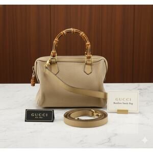 Authenticated Gucci Boston Bag Beige Suede w/Bamboo Handle